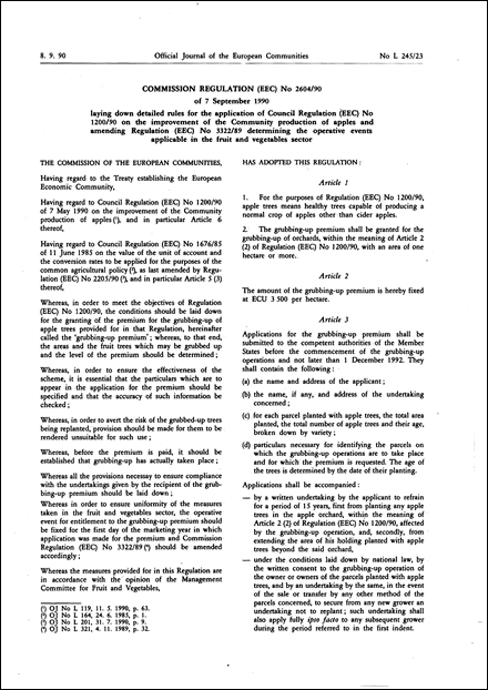 Commission Regulation (EEC) No 2604/90 of 7 September 1990 laying down detailed rules for the application of Council Regulation (EEC) No 1200/90 on the improvement of the Community production of apples and amending Regulation (EEC) No 3322/89 determining the operative events applicable in the fruit and vegetables sector