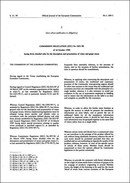 Commission Regulation (EEC) No 3201/90 of 16 October 1990 laying down detailed rules for the description and presentation of wines and grape musts (repealed)