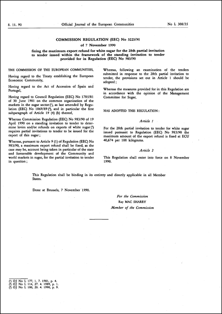 Commission Regulation (EEC) No 3223/90 of 7 November 1990 fixing the maximum export refund for white sugar for the 28th partial invitation to tender issued within the framework of the standing invitation to tender provided for in Regulation (EEC) No 983/90