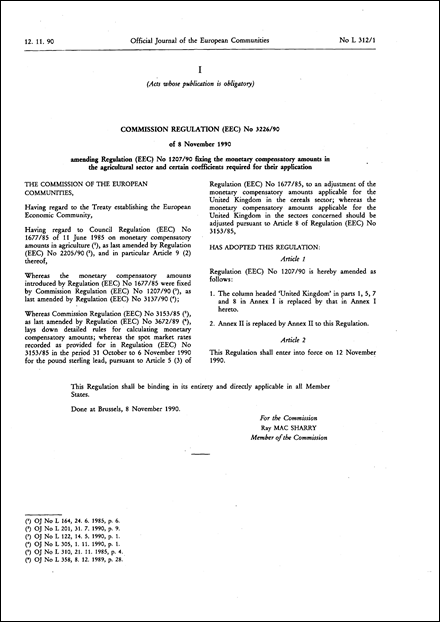 Commission Regulation (EEC) No 3226/90 of 8 November 1990 amending Regulation (EEC) No 1207/90 fixing the monetary compensatory amounts in the agricultural sector and certain coefficients required for their application