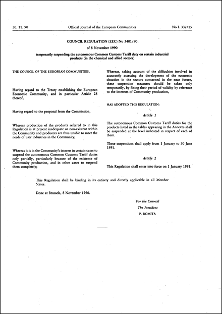 Council Regulation (EEC) No 3401/90 of 8 November 1990, temporarly suspending the autonomous common customs tariff duties on certain industrial products (in the chemical and allied sectors)