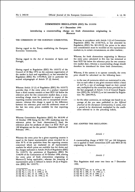 Commission Regulation (EEC) No 3519/90 of 5 December 1990 introducing a countervailing charge on fresh clementines originating in Morocco