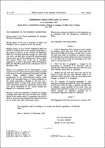 Commission Regulation (EEC) No 3669/90 of 18 December 1990 laying down a transitional measure relating to coupage of table wine in Spain for 1991