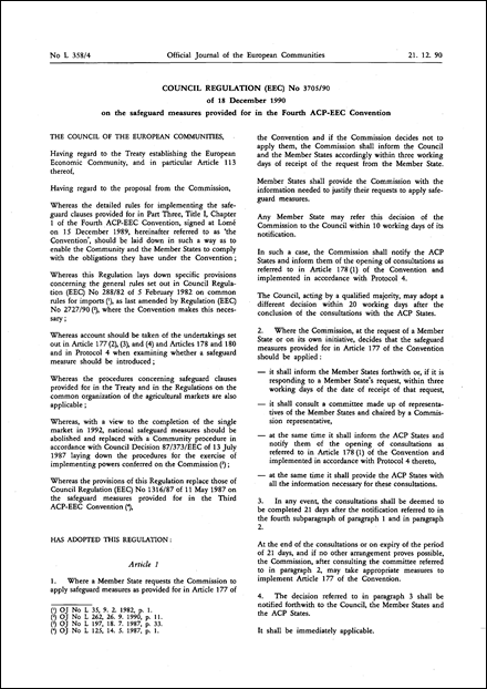 Council Regulation (EEC) No 3705/90 of 18 December 1990 on the safeguard measures provided for in the Fourth ACP-EEC Convention (repealed)