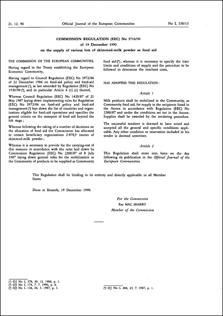 Commission Regulation (EEC) No 3710/90 of 19 December 1990 on the supply of various lots of skimmed-milk powder as food aid