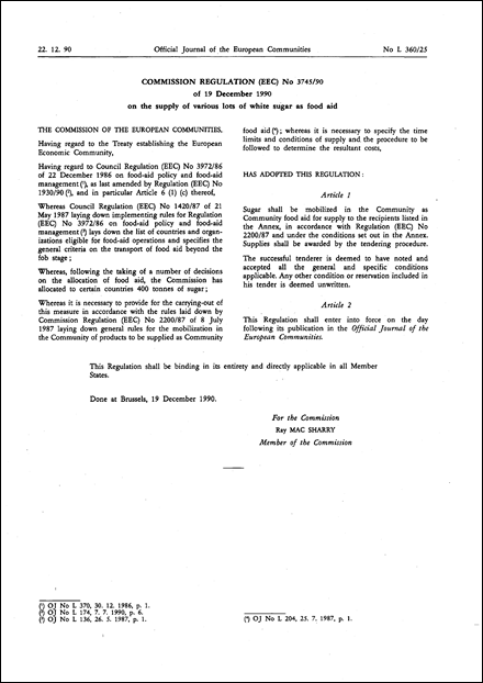 Commission Regulation (EEC) No 3745/90 of 19 December 1990 on the supply of various lots of white sugar as food aid