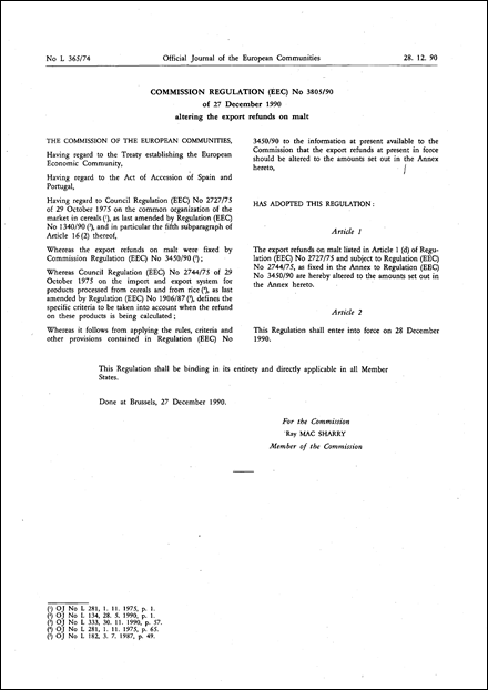 Commission Regulation (EEC) No 3805/90 of 27 December 1990 altering the export refunds on malt