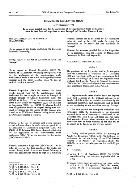 Commission Regulation (EEC) No 3819/90 of 19 December 1990 laying down detailed rules for the application of the supplementary trade mechanism to trade in fresh fruit and vegetables between Portugal and the other Member States