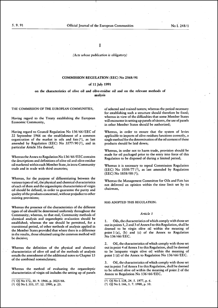 Commission Regulation (EEC) No 2568/91 of 11 July 1991 on the characteristics of olive oil and olive-residue oil and on the relevant methods of analysis