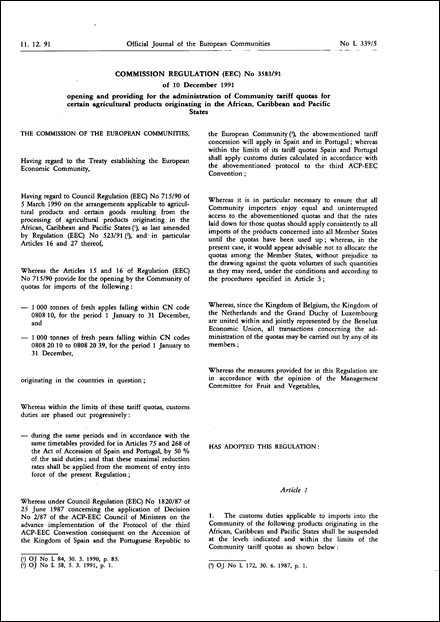 Commission Regulation (EEC) No 3583/91 of 10 December 1991 opening and providing for the administration of Community tariff quotas for certain agricultural products originating in the African, Caribbean and Pacific States