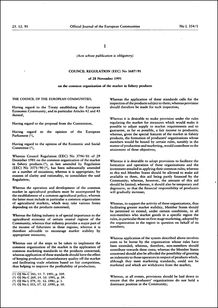Council Regulation (EEC) No 3687/91 of 28 November 1991 on the common organization of the market in fishery products