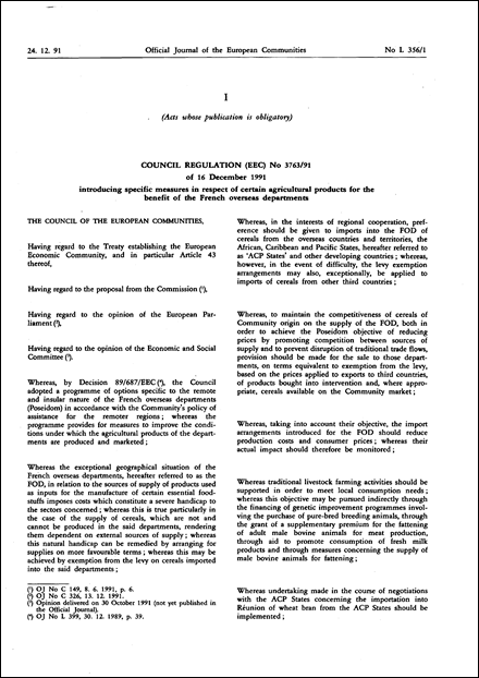 Council Regulation (EEC) No 3763/91 of 16 December 1991 introducing specific measures in respect of certain agricultural products for the benefit of the French overseas departments (repealed)