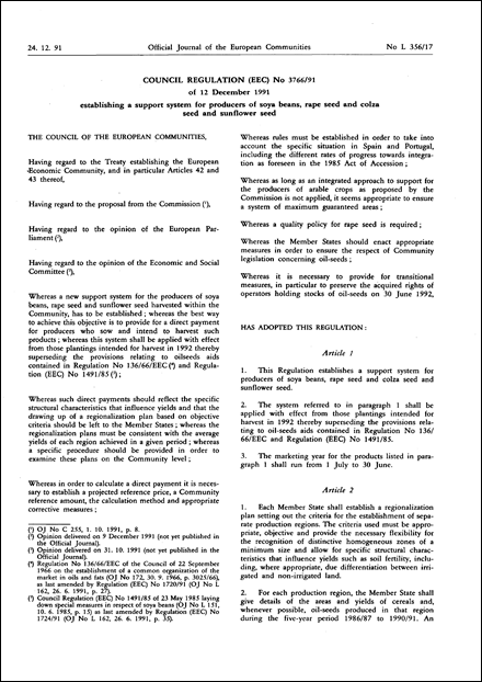 Council Regulation (EEC) No 3766/91 of 12 December 1991 establishing a support system for producers of soya beans, rape seed and colza seed and sunflower seed (repealed)