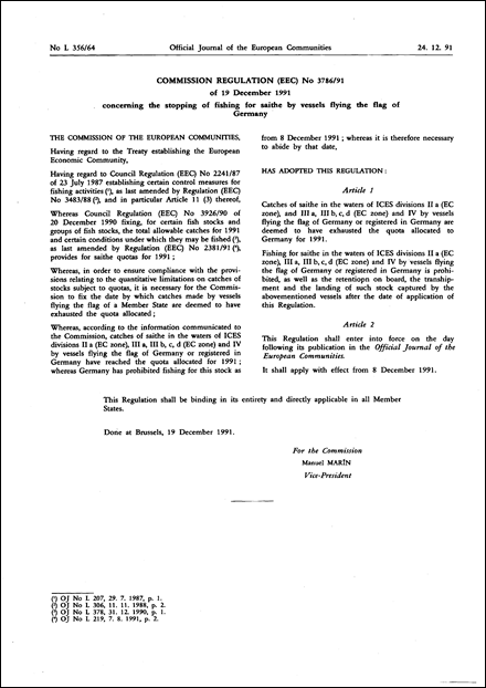 Commission Regulation (EEC) No 3786/91 of 19 December 1991 concerning the stopping of fishing for saithe by vessels flying the flag of Germany