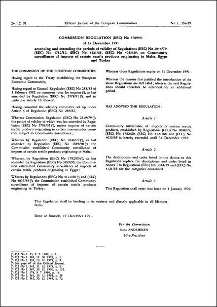 Commission Regulation (EEC) No 3789/91 of 19 December 1991 amending and extending the periods of validity of Regulations (EEC) No 3044/79, (EEC) No 1782/80, (EEC) No 4121/88, (EEC) No 4033/89, on Community surveillance of imports of certain textile products originating in Malta, Egypt and Turkey