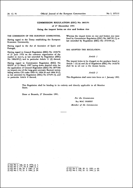 Commission Regulation (EEC) No 3803/91 of 27 December 1991 fixing the import levies on rice and broken rice