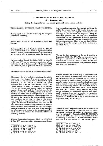 Commission Regulation (EEC) No 3821/91 of 27 December 1991 fixing the import levies on products processed from cereals and rice