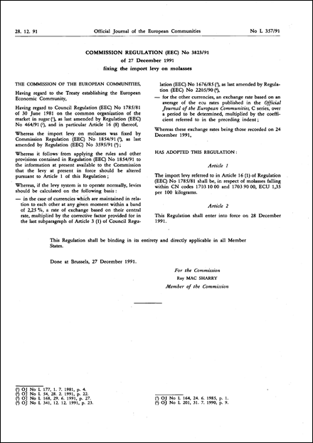 Commission Regulation (EEC) No 3823/91 of 27 December 1991 fixing the import levy on molasses