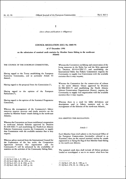 Council Regulation (EEC) No 3880/91 of 17 December 1991 on the submission of nominal catch statistics by Member States fishing in the north-east Atlantic (repealed)