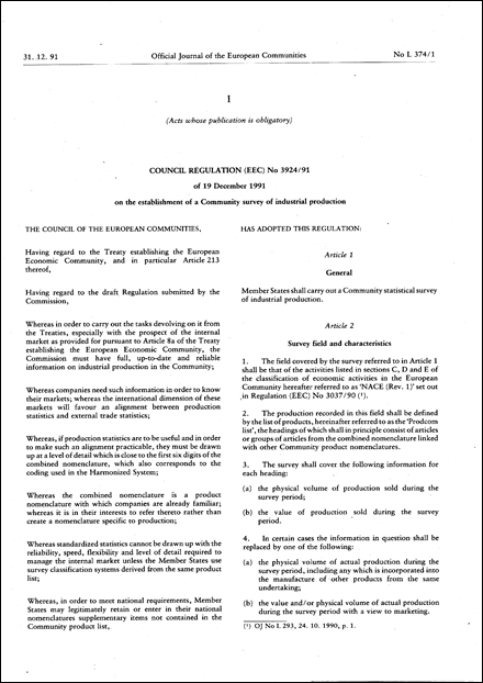 Council Regulation (EEC) No 3924/91 of 19 December 1991 on the establishment of a Community survey of industrial production
