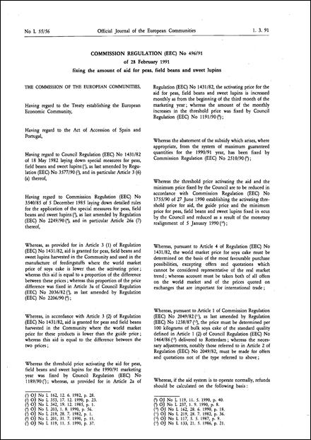 Commission Regulation (EEC) No 496/91 of 28 February 1991 fixing the amount of aid for peas, field beans and sweet lupins