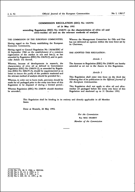 Commission Regulation (EEC) No 1429/92 of 26 May 1992 amending Regulation (EEC) No 2568/91 on the characteristics of olive oil and olive-residue oil and on the relevant methods of analysis