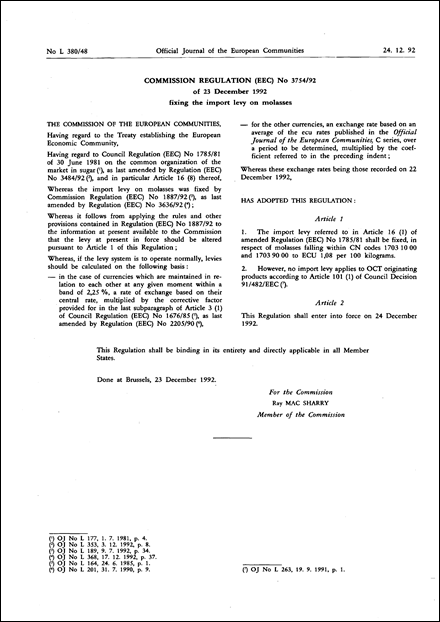Commission Regulation (EEC) No 3754/92 of 23 December 1992 fixing the import levy on molasses