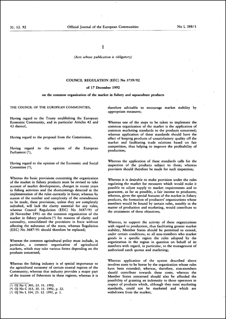 Council Regulation (EEC) No 3759/92 of 17 December 1992 on the common organization of the market in fishery and aquaculture products