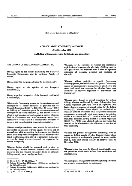 Council Regulation (EEC) No 3760/92 of 20 December 1992 establishing a Community system for fisheries and aquaculture (repealed)