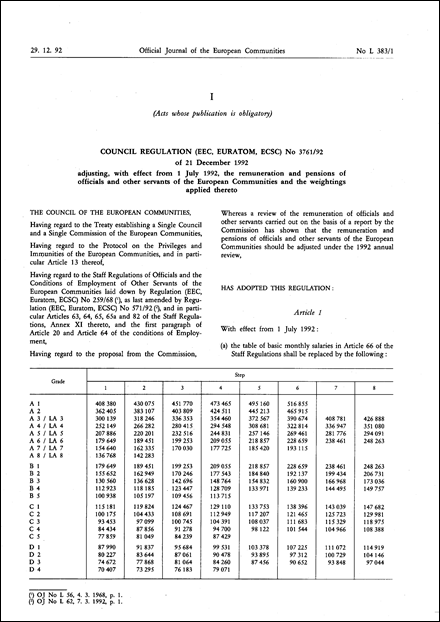 Council Regulation (EEC, Euratom, ECSC) No 3761/92 of 21 December 1992 adjusting, with effect from 1 July 1992, the remuneration and pensions of officials and other servants of the European Communities and the weightings applied thereto