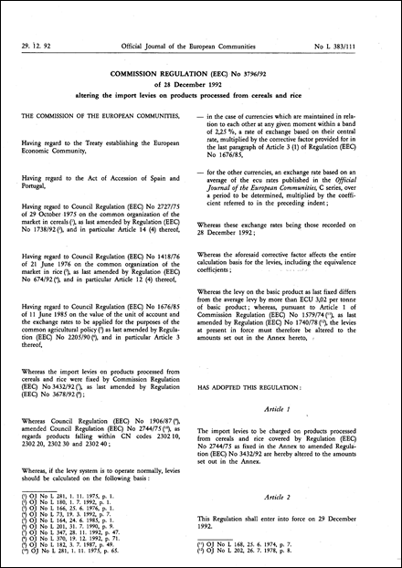 Commission Regulation (EEC) No 3796/92 of 28 December 1992 altering the import levies on products processed from cereals and rice