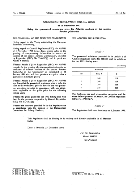 Commission Regulation (EEC) No 3897/92 of 23 December 1992 fixing the guaranteed minimum price for Atlantic sardines of the species Sardina pilchardus