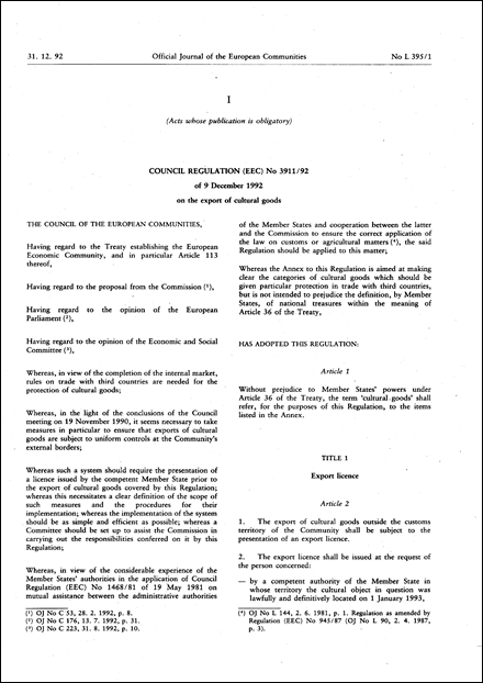 Council Regulation (EEC) No 3911/92 of 9 December 1992 on the export of cultural goods (repealed)