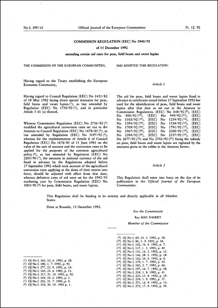 Commission Regulation (EEC) No 3940/92 of 15 December 1992 amending certain aid rates for peas, field beans and sweet lupins