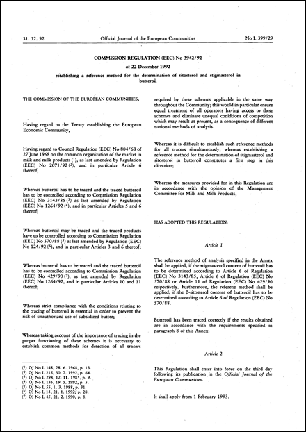 Commission Regulation (EEC) No 3942/92 of 22 December 1992 establishing a reference method for the determination of sitosterol and stigmasterol in butteroil (repealed)