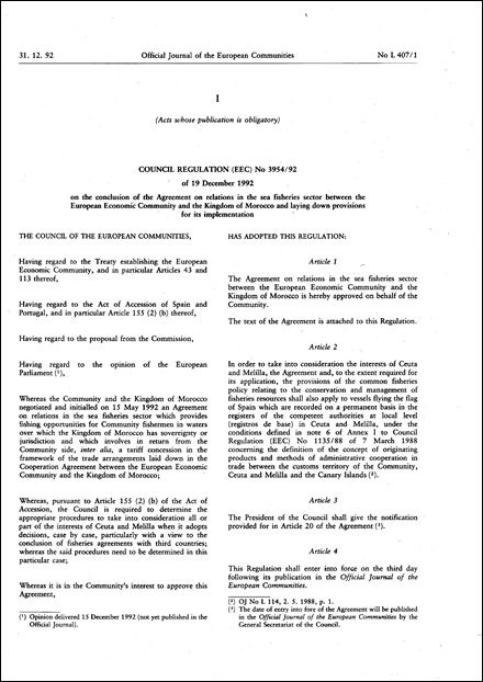 Council Regulation (EEC) No 3954/92 of 19 December 1992 on the conclusion of the Agreement on relations in the sea fisheries sector between the European Economic Community and the Kingdom of Morocco and laying down provisions for its implementation