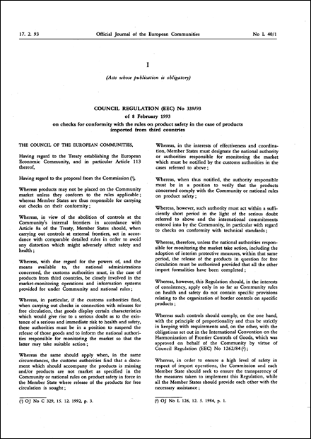 Council Regulation (EEC) No 339/93 of 8 February 1993 on checks for conformity with the rules on product safety in the case of products imported from third countries (repealed)