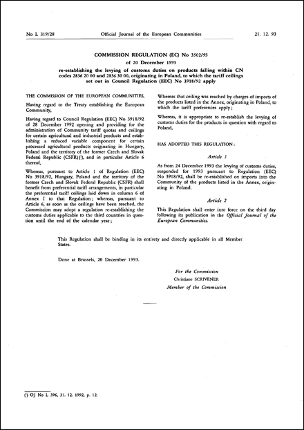 COMMISSION REGULATION (EC) No 3502/93 of 20 December 1993 re-establishing the levying of customs duties on products falling within CN codes 2836 20 00 and 2836 30 00, originating in Poland, to which the tariff ceilings set out in Council Regulation (EEC) No 3918/92 apply