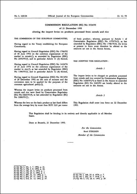 Commission Regulation (EC) No 3524/93 of 21 December 1993 altering the import levies on products processed from cereals and rice