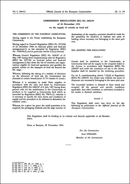 Commission Regulation (EC) No 2882/94 of 28 November 1994 on the supply of cereals as food aid