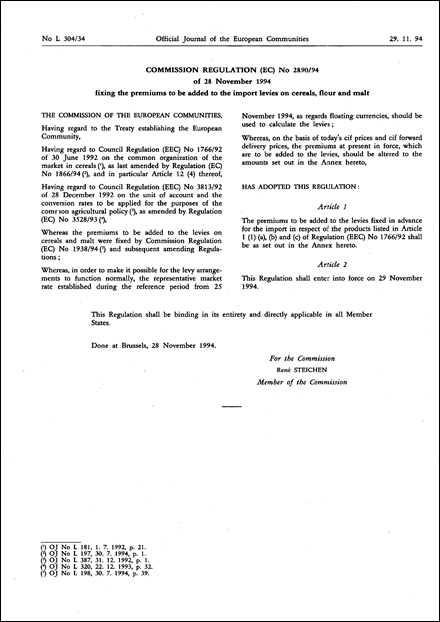 Commission Regulation (EC) No 2890/94 of 28 November 1994 fixing the premiums to be added to the import levies on cereals, flour and malt