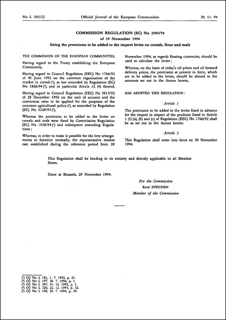 Commission Regulation (EC) No 2900/94 of 29 November 1994 fixing the premiums to be added to the import levies on cereals, flour and malt