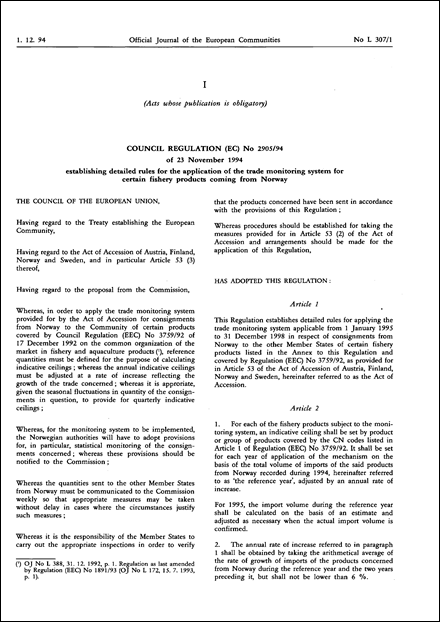 Council Regulation (EC) No 2905/94 of 23 November 1994 establishing detailed rules for the application of the trade monitoring system for certain fishery products coming from Norway