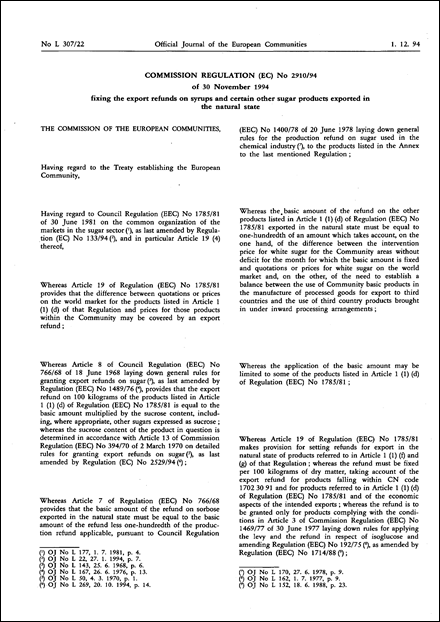 Commission Regulation (EC) No 2910/94 of 30 November 1994 fixing the export refunds on syrups and certain other sugar products exported in the natural state