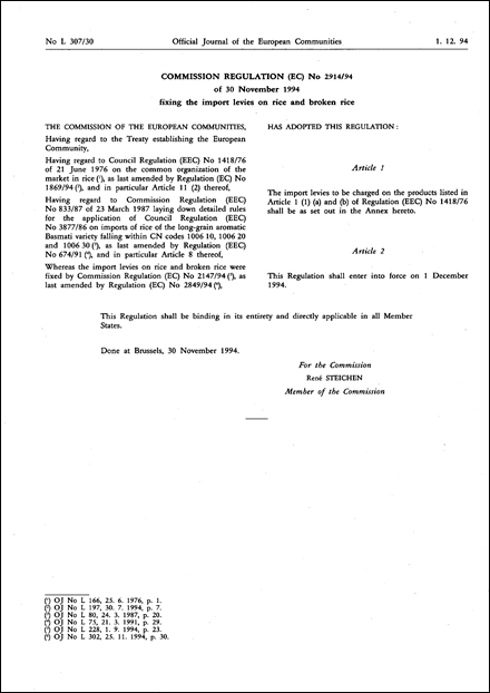 Commission Regulation (EC) No 2914/94 of 30 November 1994 fixing the import levies on rice and broken rice