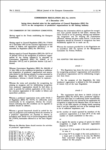 Commission Regulation (EC) No 2939/94 of 2 December 1994 laying down detailed rules for the application of Council Regulation (EEC) No 105/76 on the recognition of producers' organizations in the fishing industry