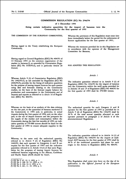 Commission Regulation (EC) No 2946/94 of 2 December 1994 fixing certain indicative quantities for the import of bananas into the Community for the first quarter of 1995