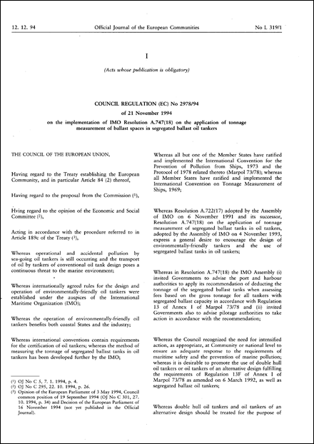 Council Regulation (EC) No 2978/94 of 21 November 1994 on the implementation of IMO Resolution A.747(18) on the application of tonnage measurement of ballast spaces in segregated ballast oil tankers (repealed)