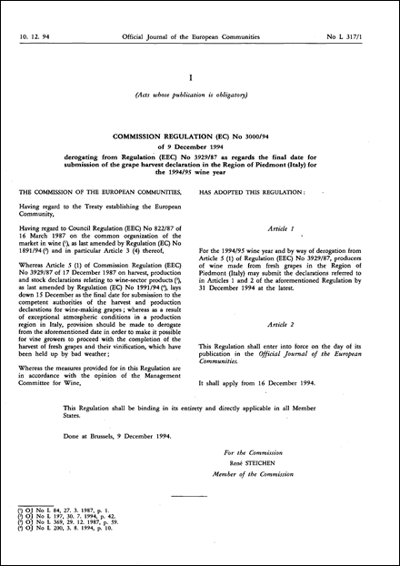 Commission Regulation (EC) No 3000/94 of 9 December 1994 derogating from Regulation (EEC) No 3929/87 as regards the final date for submission of the grape harvest declaration in the Region of Piedmont (Italy) for the 1994/95 wine year