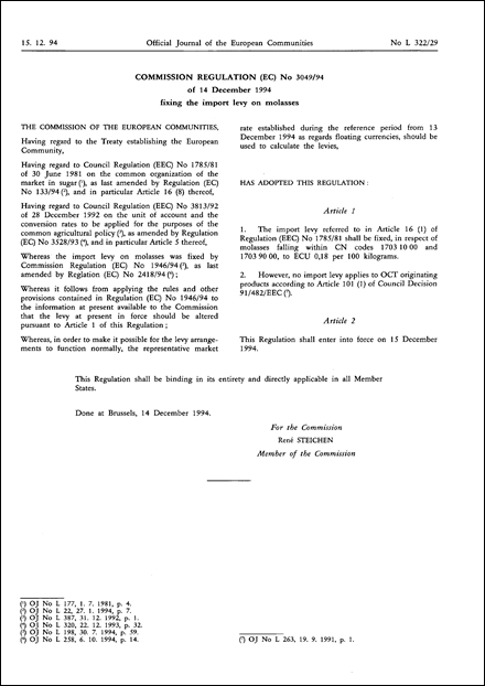 Commission Regulation (EC) No 3049/94 of 14 December 1994 fixing the import levy on molasses